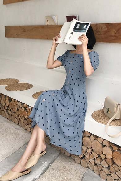 Summer Vintage Blue Polka Dot Printed Square Neck Puff Sleeve Button Front Midi A-Line Dress