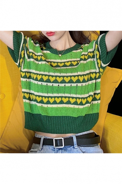 Summer Vintage Fashion Avocado Green Sweet Heart Printed Round Neck Short Sleeve Knit T-Shirt