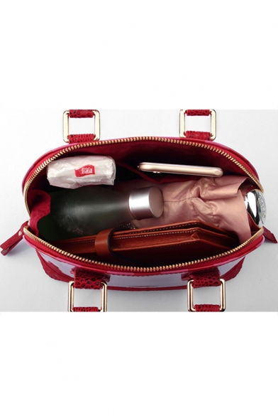 Trend Stripe Snakeskin Pattern Rivet Embellishment Red Satchel Handbag With Zipper 31*15*24 CM