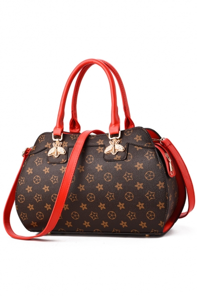 Trendy Classic Printed Metal Bee Embellishment Brown Zipper Satchel Bag Handbag
