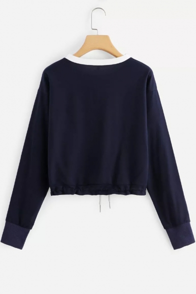 Trendy Color Block Basic Round Neck Long Sleeve Drawstring Hem Casual Sweatshirt