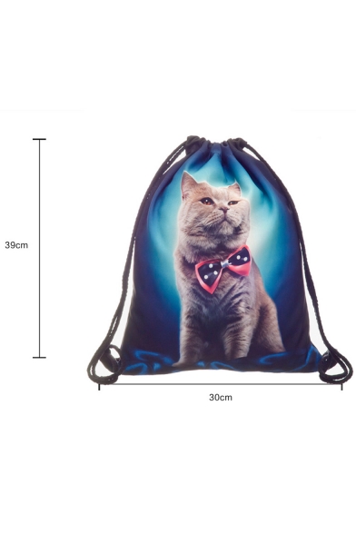 Trendy Creative 3D Bow Cat Printed Blue Storage Bag Drawstring Backpack 30*39 CM