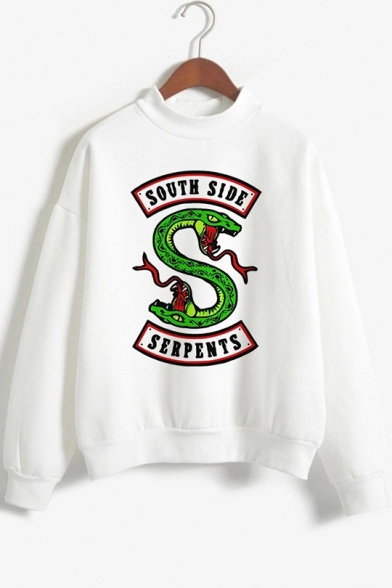 Trendy Letter SOUTH SIDE Snake Logo Printed Long Sleeve Mock Neck White Sweatshirt