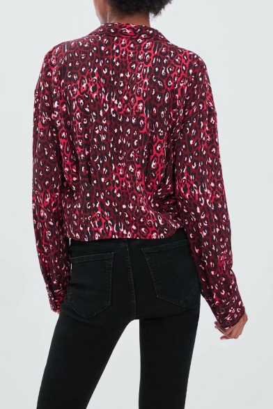 Trendy Red Snakeskin Printed Spread Collar Long Sleeve Cropped Shirt