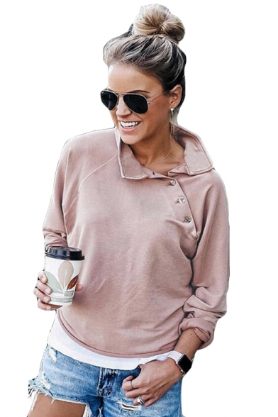 Trendy Solid Color Button Embellished Oblique Stand Collar Long Sleeve Pink Sweatshirt