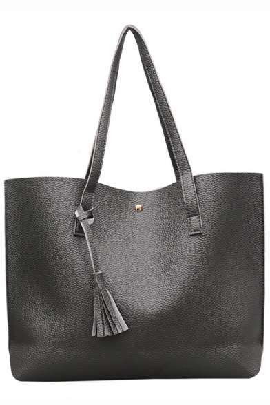 Trendy Solid Color Tassel Embellishment Large PU Shoulder Tote Bag 44*10*31 CM
