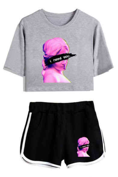 Trendy Vaporwave Figure Letter I NEED YOU Cropped Tee with Sport Loose Dolphin Shorts Two-Piece Set