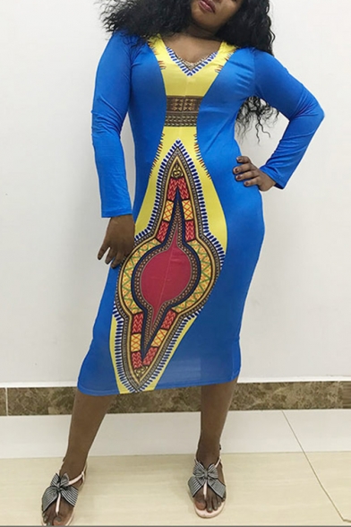 Women's Colorblock Tribal Printed V Neck Long Sleeve Midi Blue Bodycon Dress