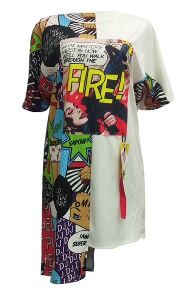 Women's Fashion Round Neck Batwing Sleeve Letter FIRE Figure Print Midi Asymmetric Casual Dress