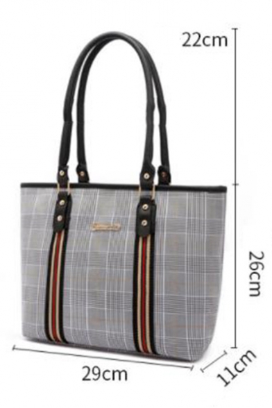 Women's Fashion Stripe Patched Plaid Pattern Shoulder Tote Handbag 29*11*26 CM