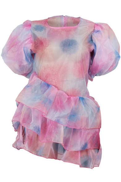 Women's Funny Tie-dye Short Sleeve Round Neck Ruffle Hem Mini Pink Bubble Pink Dress