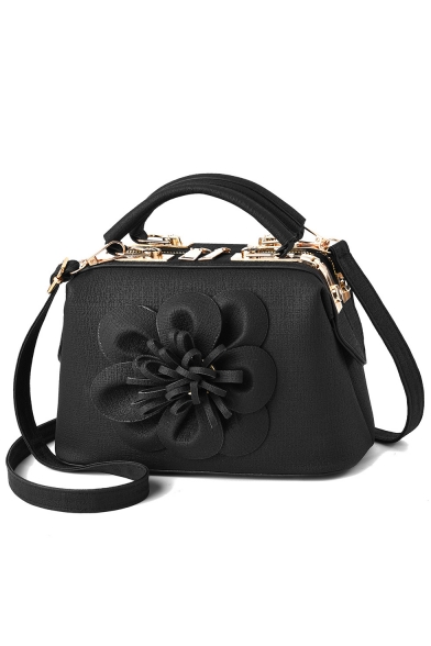 Women's Glamorous Plain Flower Embellishment Crossbody Satchel Bag with Zipper 25*13*17 CM