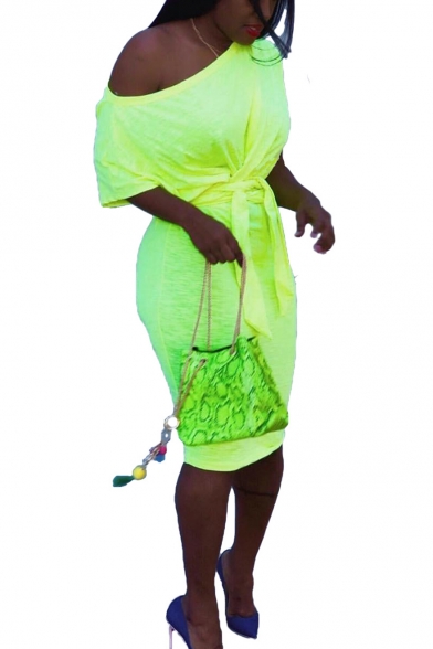 Women's Green Solid Color One Shoulder Short Sleeve Bow Tie Midi Bodycon Pencil Dress