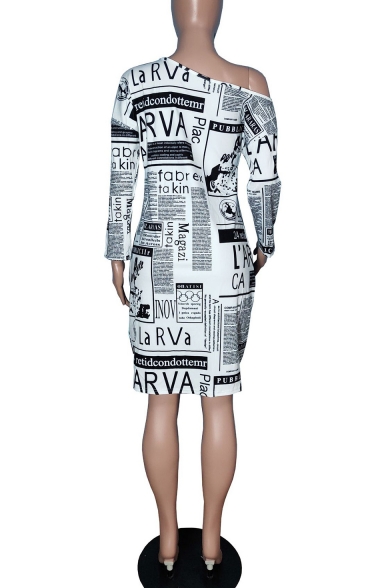 Women's Hot Fashion Letter Print Long Sleeve One Shoulder Loose Midi White A-Line Dress