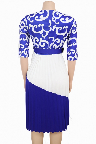 Women's New Colorblock Printed Round Neck 3/4 Sleeve Belted Pleated Detail Midi A-Line Dress