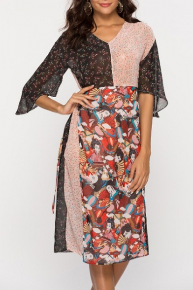 Women's New Stylish Floral Figure Print Half Sleeve V-Neck Colorblock Midi Black Chiffon Dress