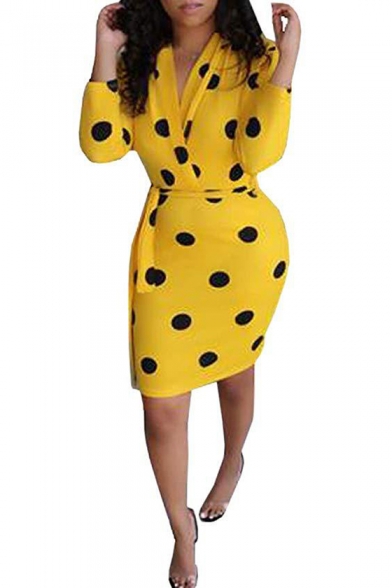 Women's New Trendy V Neck Polka Dot Printed Mini Bodycon Dress