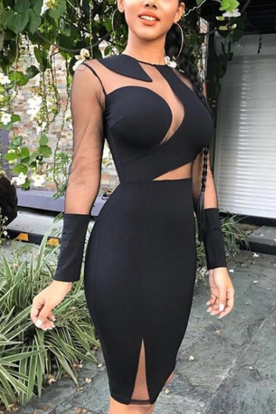 Women's Sexy Night Club Round Neck Long Sleeve Zip Back Plain Sheer Lace Patched Bodycon Midi Dress