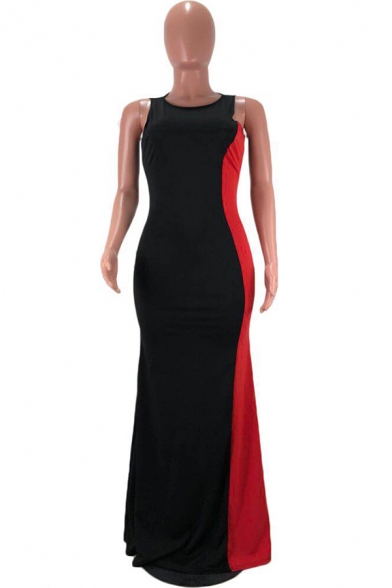 Women's Sexy Round Neck Sleeveless Colorblock Printed Bodycon Maxi Black Dress