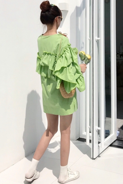 Women's Summer Stylish Bow V-Neck Ruffle Sleeve Plain Pleated Hem Mini Dress