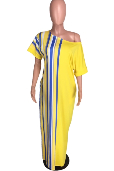 Women's Unique One Shoulder Short Sleeve Stripes Printed Loose Maxi Shift Yellow Dress