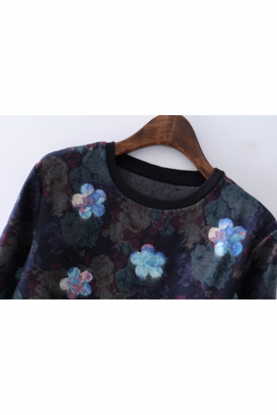 Women's Vintage Blue Floral Printed Round Neck Long Sleeve Pullover Sweatshirt