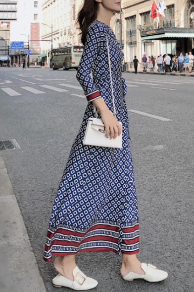 Women's Vintage V-Neck Long Sleeve Geometric Printed Split Side Maxi A-Line Blue Dress