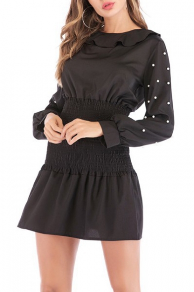 Womens Black Chic Beading Embellished Long Sleeve Round Neck Sash Waist Mini A-Line Dress