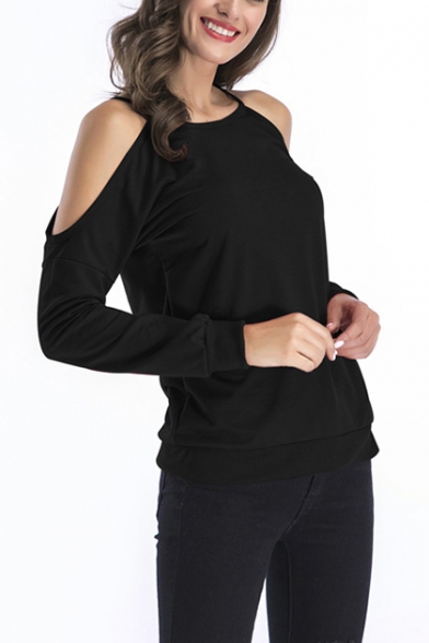 Womens Cold Shoulder Long Sleeve Plain Pullover Sweatshirt