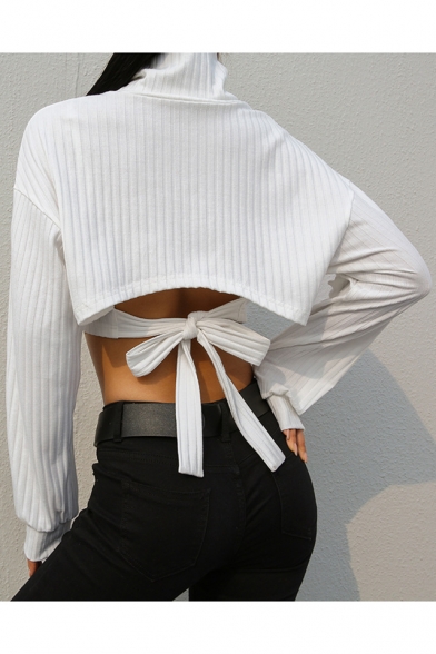 Womens Cool Hollow Out Tied Back High Neck Long Sleeve Plain White Cropped Sweatshirt