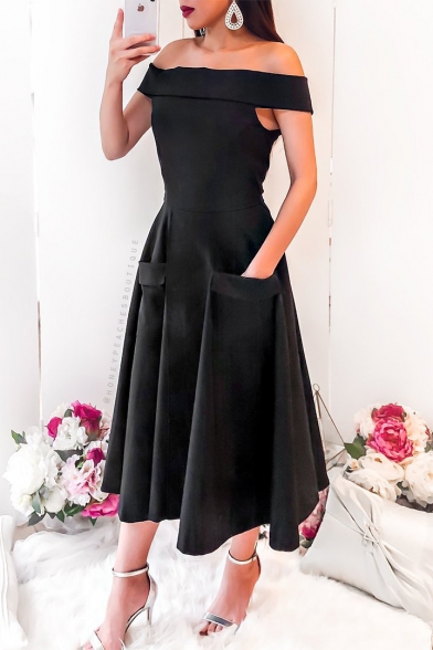 Womens Elegant Off the Shoulder Simple Plain Midi Fit and Flared Dress with Pocket