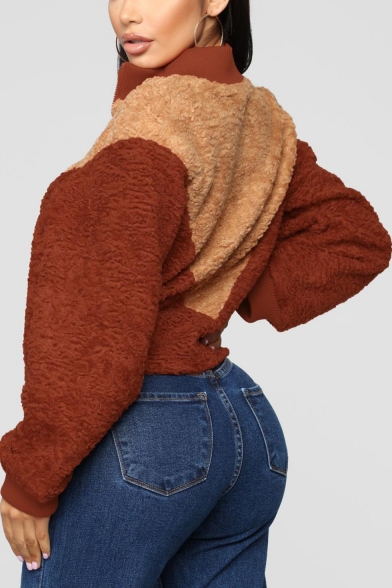 Womens Hot Popular Color Block Half-Zip Stand Collar Long Sleeve Fluffy Fleece Khaki Sweatshirt