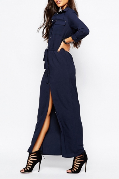 Womens New Fancy Basic Simple Plain Long Sleeve Button Down Tied Waist Dark Blue Maxi Shirt Dress