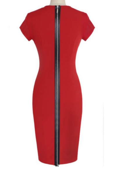 Womens New Stylish Solid Color Round Neck Short Sleeve Mesh Panel Midi Pencil Dress