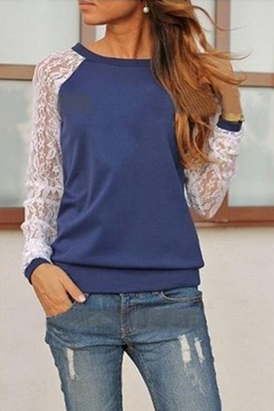 Womens New Trendy Solid Color Lace Insert Long Sleeve Pullover Sweatshirt
