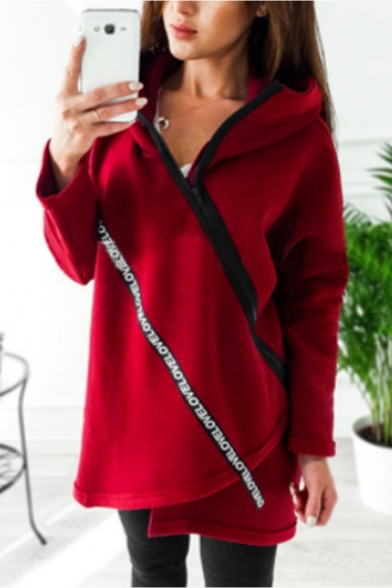 

Womens Simple Letter Print Irregular Zipper Side Long Sleeve Tunic Casual Hoodie, LM537990, Black;burgundy;army green