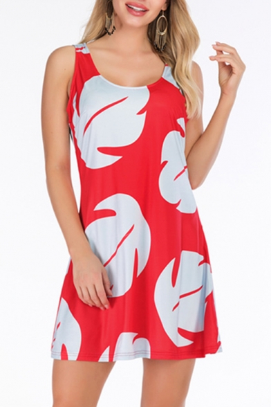 Womens Summer New Fashion Printed Scoop Neck Sleeveless Mini A-Line Red Tank Dress