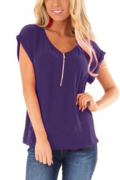 Womens Summer Simple Solid Color Zipper V-Neck Short Sleeve Casual T-Shirt