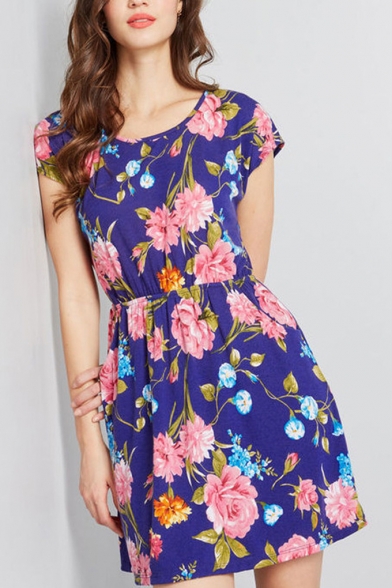 Womens Summer Trendy Round Neck Short Sleeve Mini A-Line Dress