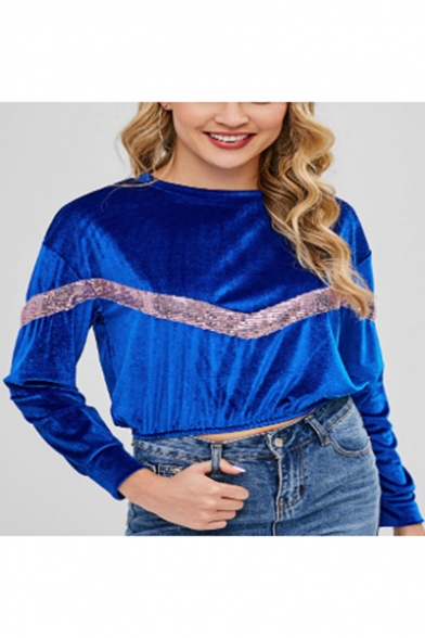 Blue Pleuche Sequined Embellished Round Neck Long Sleeve Cropped Sweatshirt