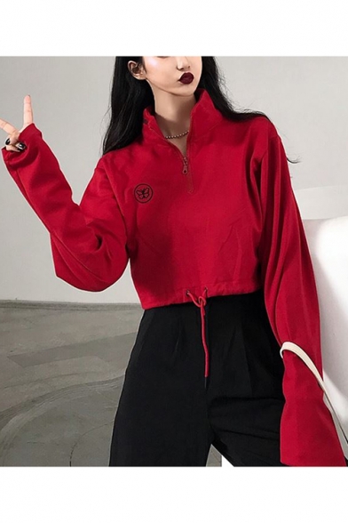 Chic Butterfly Print Zipper Front High Neck Long Sleeve Drawstring Hem Red Cotton Loose Fit Cropped Sweatshirt
