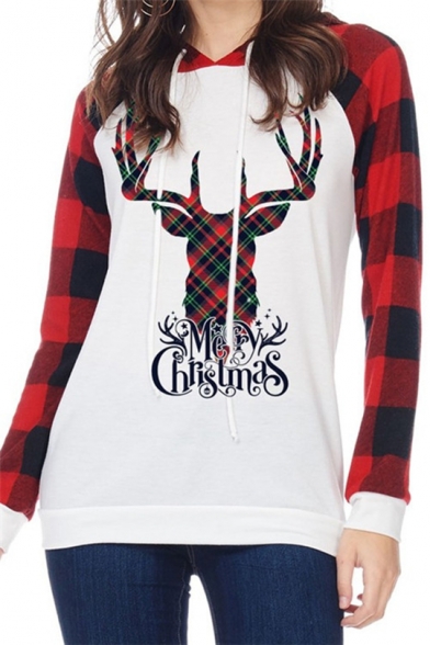 Christmas Deer Printed Plaid Long Sleeve Womens Slim Fit Drawstring Hoodie
