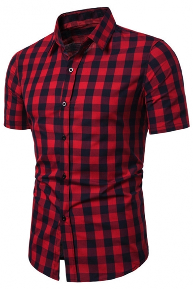 Classic Fashion Plaid Printed Short Sleeve Button Front Slim Fit Shirt for Men