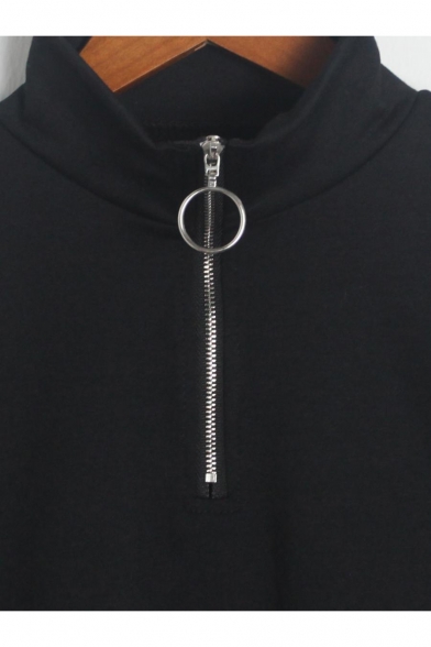 Color Block Tape Long Sleeve Half-Zip Stand Collar Cropped Black Sweatshirt