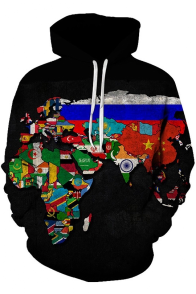 Cool Multicolor World Map Printed Drawstring Long Sleeve Black Hoodie with Pocket