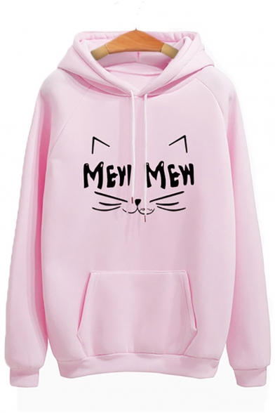 Cute Cartoon MEW Cat Pattern Long Sleeve Loose Sport Pullover Hoodie for Students