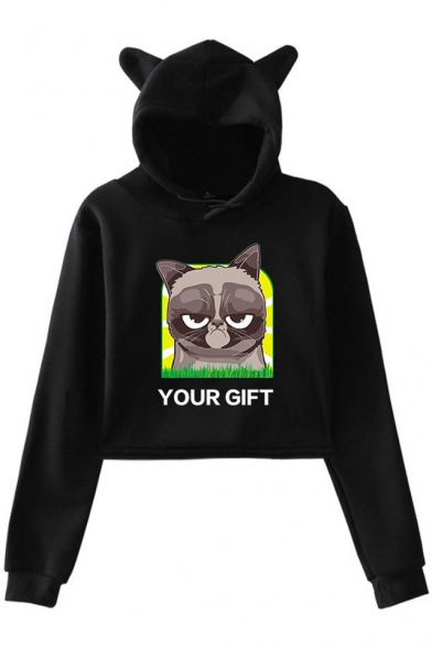 

Cute Ear Hood Letter YOUR GIFT Grumpy Cat Printed Cropped Casual Hoodie, Black;pink;white;gray;navy, LM529785