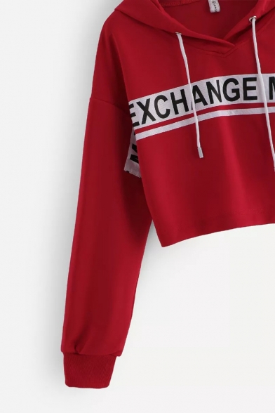 EXCHANGE Letter Red Long Sleeve Cropped Hoodie with Drawstring