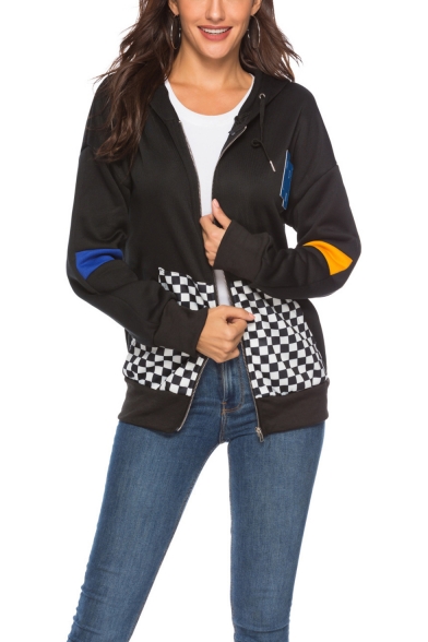 Fashion Checkerboard Print Colorblock Long Sleeve Zip Up Black Hoodie