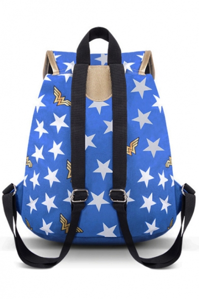 Fashion Classic Colorblock Stars Printed Double Pockets Front Blue Drawstring Travel Bag School Backpack